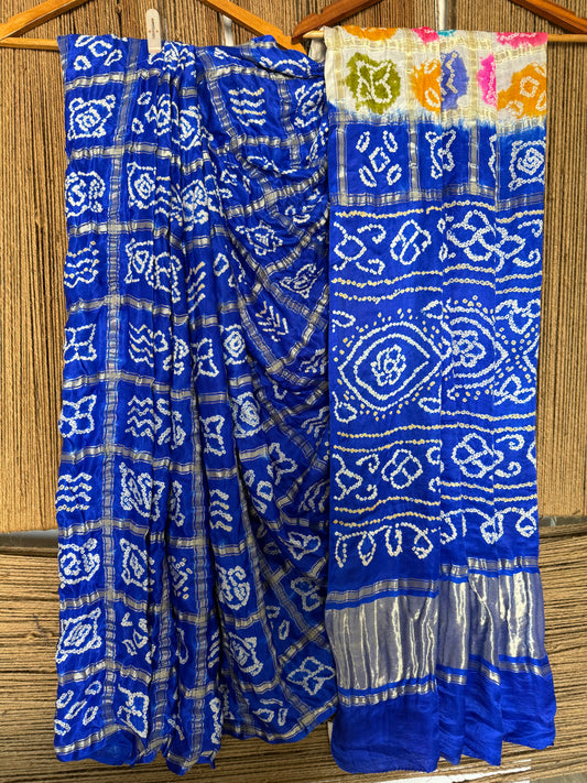 INK BLUE & MULTI COLOUR GAJJI SILK GHARCHOLA RAI BANDHANI GAJJI SARI  BS- 2012