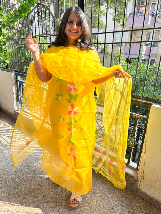 MANGO YELLOW HANDWOVEN JAMDANI PURE MUSLIN SILK KURTA SET