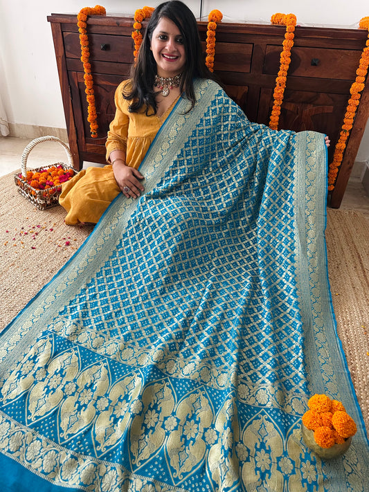 Azure blue Handwoven NeemZari Bareek Bandhani in Khaddi Georgette dupatta BD-1016