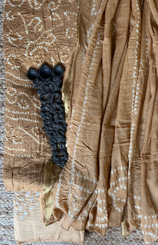 BEIGE GOLDEN COTTON RAI BANDHANI SUIT SET