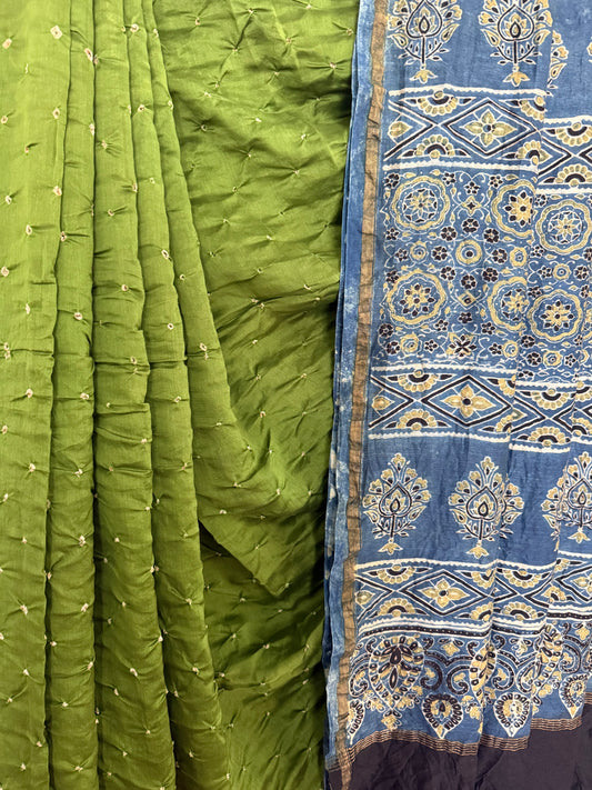 GREEN CHANDERI SILK BANDHANI HANDCRAFTED AJRAKH SARI