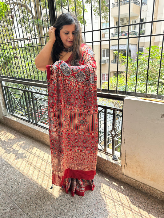 RED MAROON BADAM BUTTA AJRAKH MODAL SILK SARI WITH BORDER