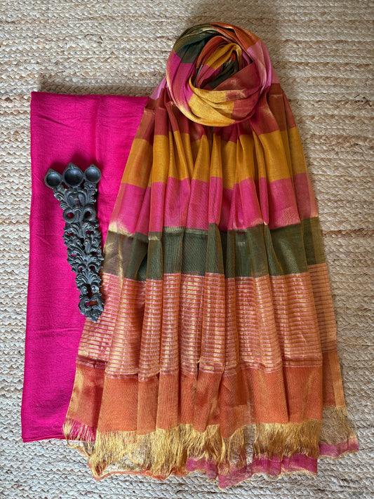 PINK SOLID MUGA SILK KURTA WITH CHANDERI HANDLOOM SILK  DUPATTA