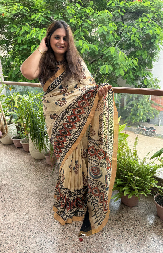 BEIGE NATURAL DYE HANDCRAFTED HANDBLOCK AJRAKH LINEN SILK SARI