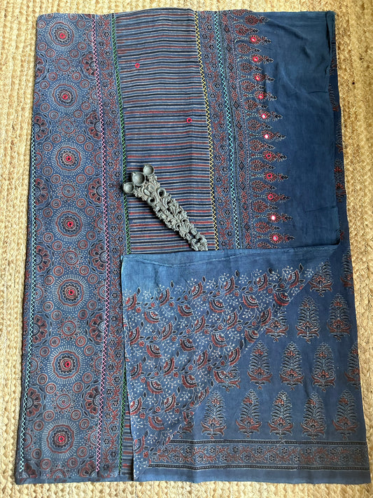 BLUE COTTON AJRAKH HANDEMBROIDERY SARI