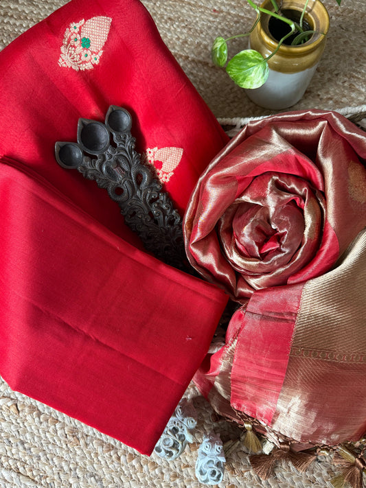 Crimson Red Meenakari Kora silk certified handloom Banarsi kadwa Booti three piece suit   CBS-55
