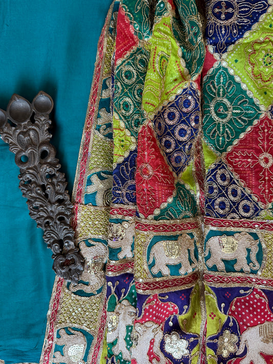 PEACOCK BLUE SOLID MODAL SILK KURTA WITH VINTAGE HANDCRAFTED HEAVY EMBROIDERY GEORGETTE DUPATTA VKS-6