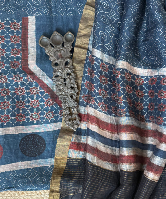 Blue ajrakh butta linen silk handblock suit set
