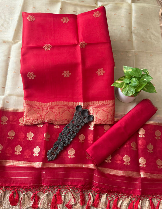 Cherry Red kora silk certified handloom banarsi kadwa butti with woven zari three piece suit