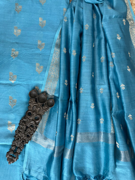 Ocean Blue Chanderi handloom Banarsi Booti three piece suit
