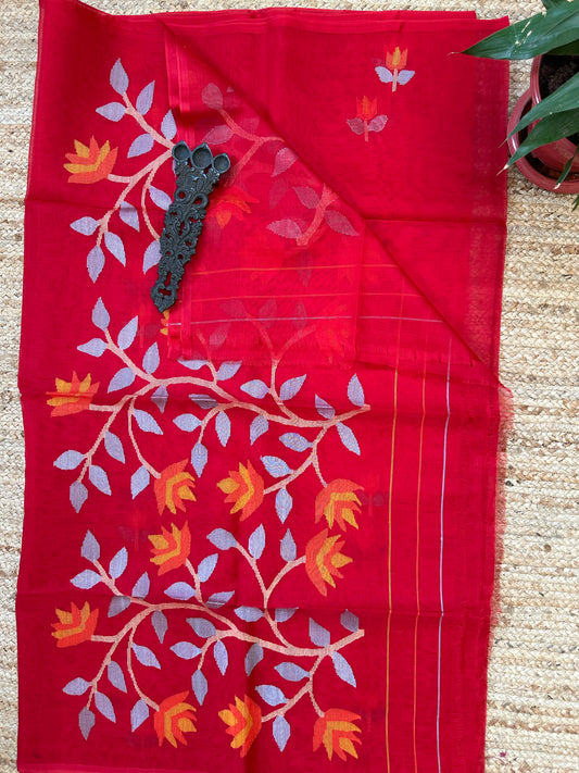 RED JAMDANI HANDWOVEN PURE MUSLIN SILK SARI