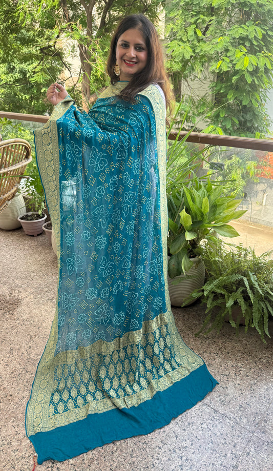 Stark Teal Blue handwoven neemzari bareek bandhani in khaddi georgette dupatta