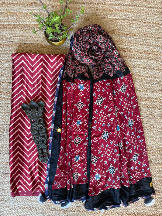 MAROON MASHRU SILK KURTA WITH AJRAKH PATCHWORK  HANDCRAFTED  MODAL SILK DUPATTA PWK-28