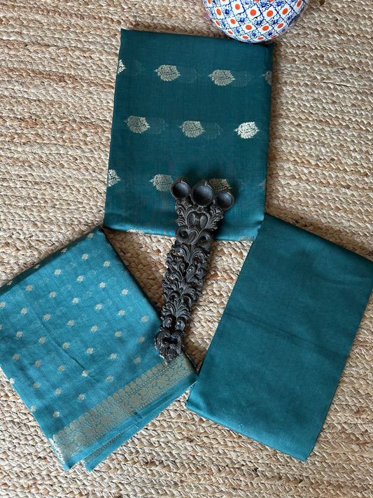 Turquoise Blue Chanderi handloom Banarsi Booti three piece suit