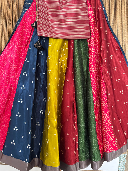 Maroon mashru silk blouse-with Multicolour patchwork  handcrafted mashru silk Skirt