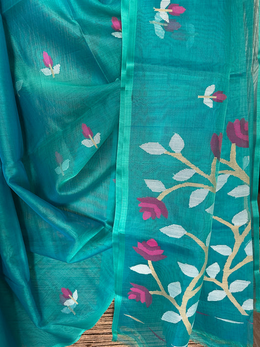 CYAN BLUE JAMDANI HANDWOVEN PURE MUSLIN SILK SARI MJS 39