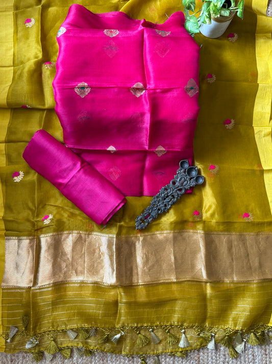 Wild Berry Pink kora silk certified handloom banarsi kadwa booti meenakari three piece suit