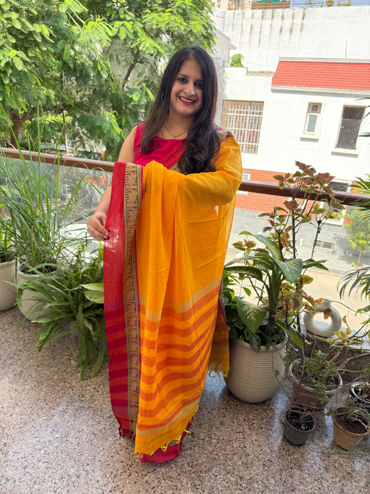 MANGO YELLOW TRADITIONAL NARAYANPET  COTTON SAREE WITH ELEPHANT BORDER SARI