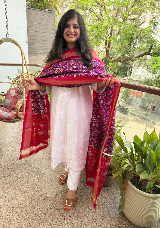 PURPLE - HANDSPUN HANDWOVEN POCHAMPALLY IKAT SILK DUPATTA WITH ZARI BORDER
