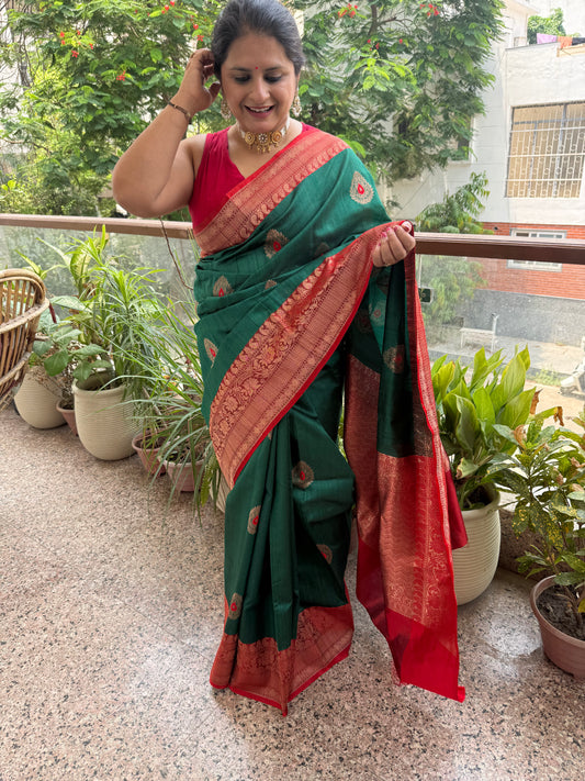 Dark green tussar silk certified  handloom banarsi sari with woven zari