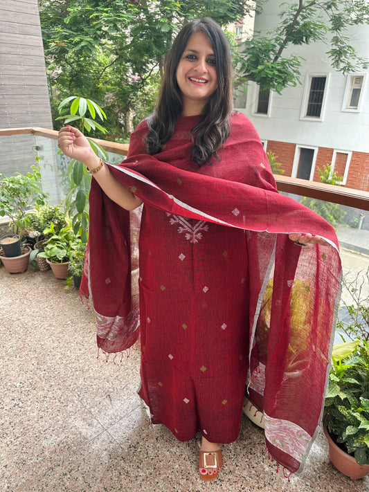 BURGUNDY MAROON WOVEN LINEN  KURTA SET LJS-1039