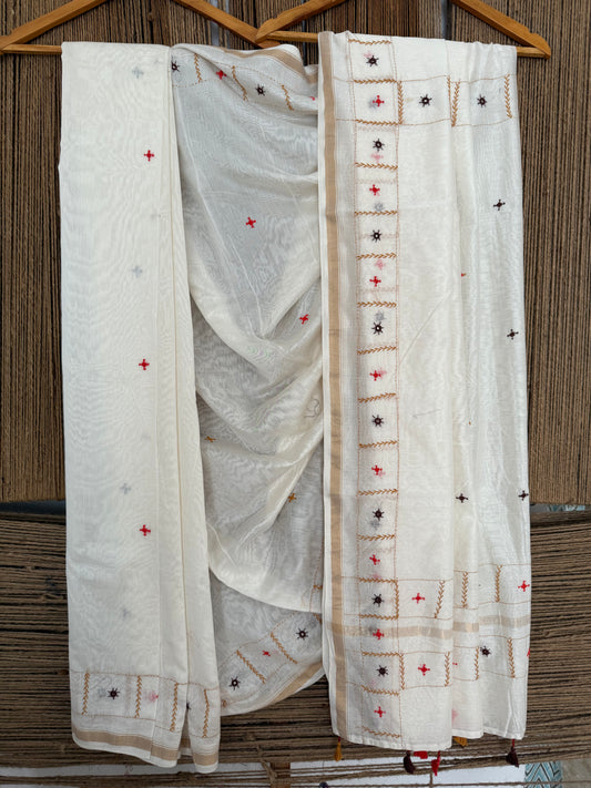IVORY CREAM HANDCRAFTED HAND EMBROIDERY MIRROR WORK CHANDERI COTTON SILK  HANDLOOM SARI