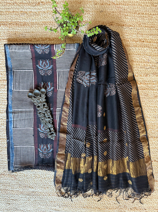 BLACK AJRAKH CONTEMPORARY CHANDERI SILK HANDBLOCK KURTA SET  WITH  COIN  BUTTA DUPATTA