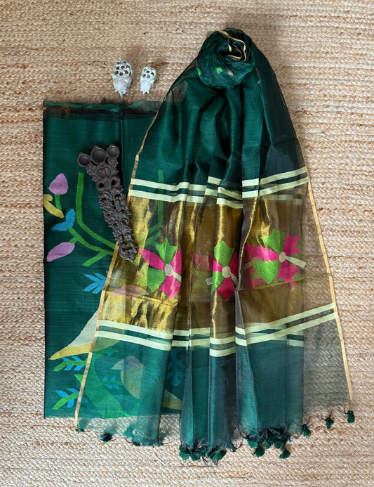 FOREST GREEN HANDWOVEN JAMDANI PURE MUSLIN SILK KURTA SET MJK-107