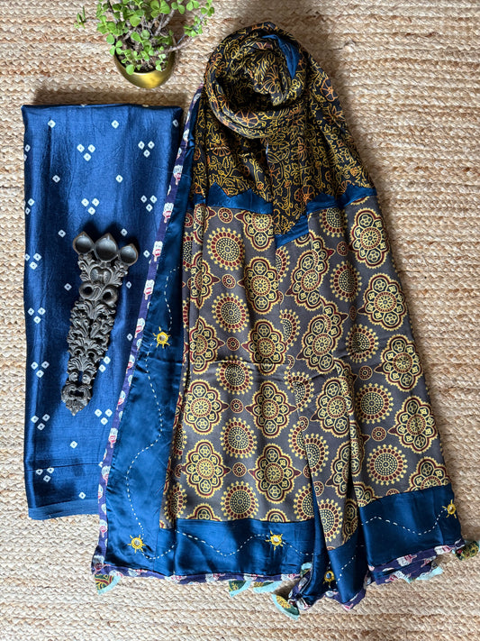 BLUE MASHRU SILK KURTA WITH AJRAKH PATCHWORK BANDHANI HANDCRAFTED  MODAL SILK DUPATTA PWK-9