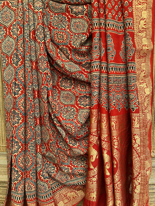 RED DOLA  SILK AJRAKH ZARI BORDER SARI