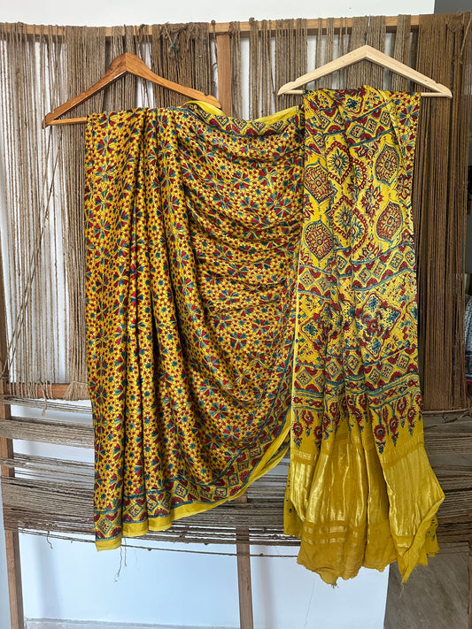 MUSTARD YELLOW AJRAKH HANDBLOCK MODAL SILK SARI