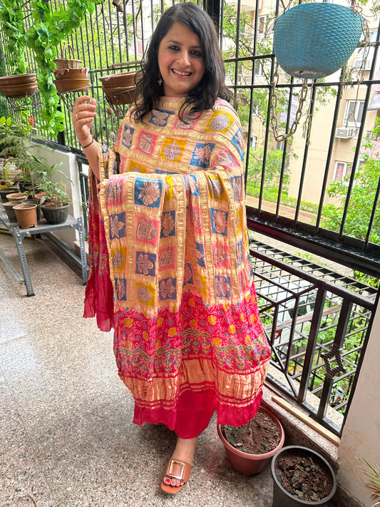 CRIMSON RED MODAL SOLID  KURTA WITH AJRAKH HANDCRAFTED GHARCHOLA DUPATTA SET