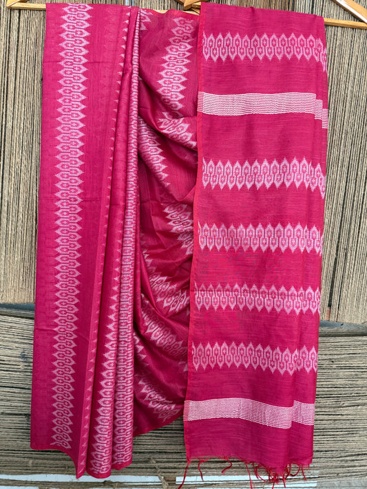 BEAUTIFUL REDDISH PINK HANDBLOCK PRINTED SARI IN SEMI TUSSAR WITH BLOUSE