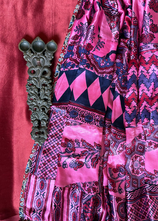 Maroon mashru silk kurta with ajrakh  handcrafted patchwork modal silk dupatta