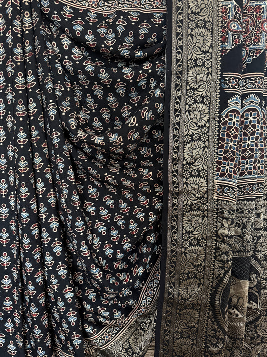 Black dola  silk ajrakh zari border sari