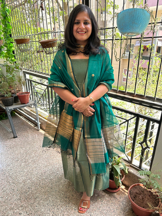 GOLDEN PEACOCK GREEN TISSUE  MAHESHARI SILK HANDLOOM KURTA SET