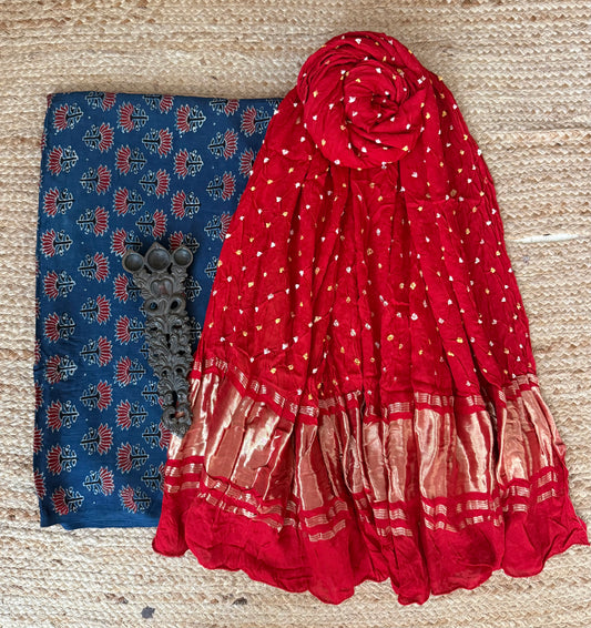 Prussian Blue ajrakh modal silk kurta with bandhani handcrafted modal silk dupatta
