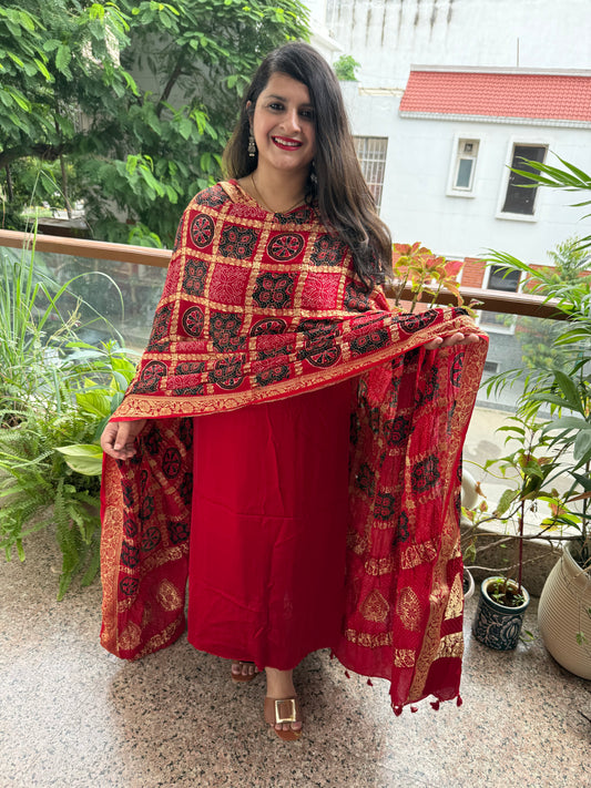 RED SOLID MODAL SILK SUIT WITH AJRAKH  GHARCHOLA HANDCRAFTED MODAL SILK DUPATTA  ps-230