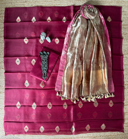 Deep Maroon Meenakari Kora silk certified handloom Banarsi kadwa Booti three piece suit   CBS-55