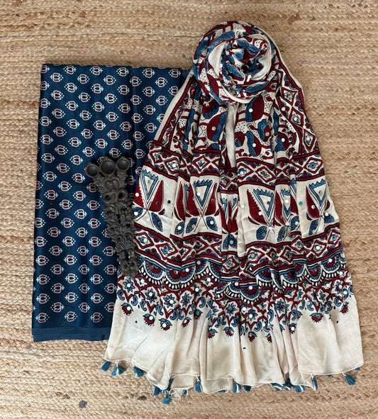 Blue Mashru Silk Kurta With Beige Ajrakh Handcrafted Mirror Work Modal Silk Dupatta