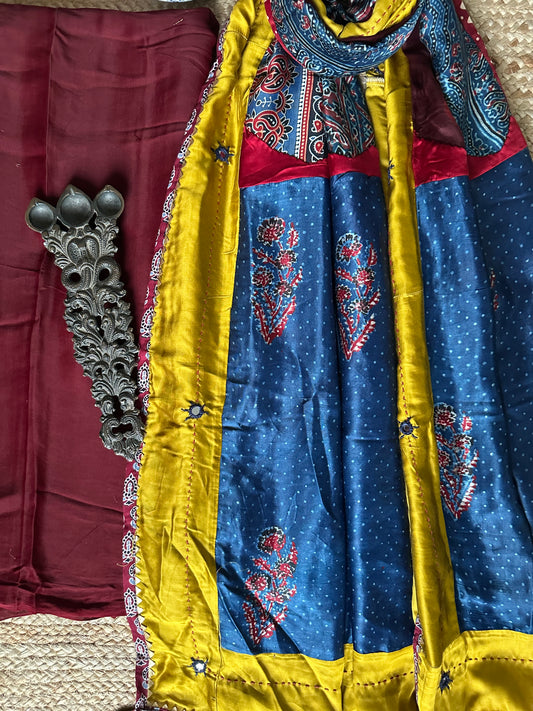 MAROON SOLID MODAL SILK KURTA WITH AJRAKH PATCHWORK  HANDCRAFTED MODAL SILK DUPATTA PS-94