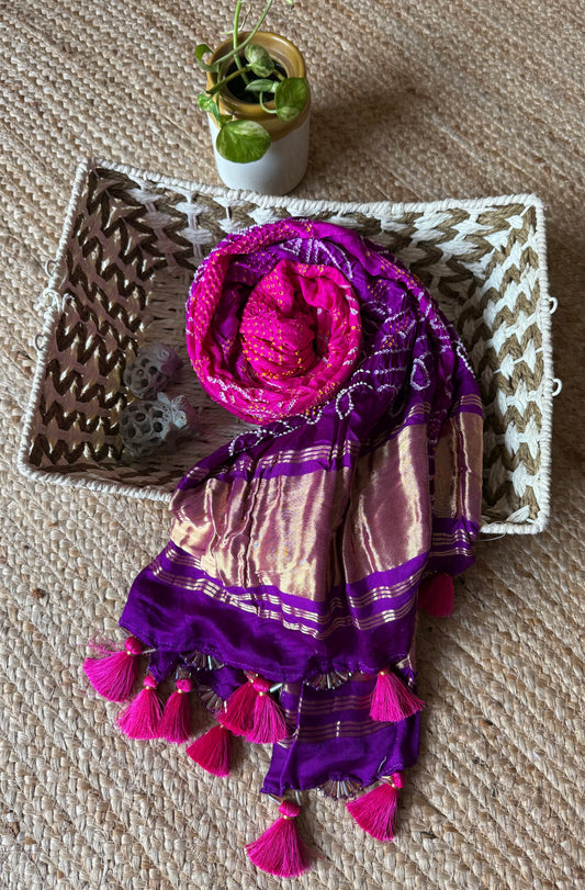 PINK & PURPLE GAJJI SILK RAI BANDHANI HANDCRAFTED DUPATTA WITH TASSELS