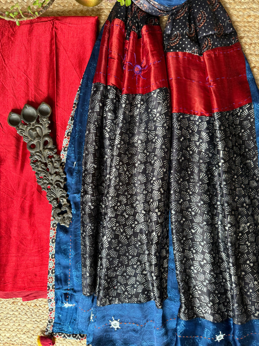 RED MASHRU SILK KURTA WITH AJRAKH PATCHWORK  HANDCRAFTED  MODAL SILK DUPATTA PWK-15