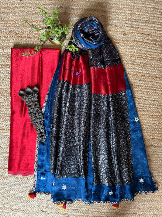 RED MASHRU SILK KURTA WITH AJRAKH PATCHWORK  HANDCRAFTED  MODAL SILK DUPATTA PWK-15