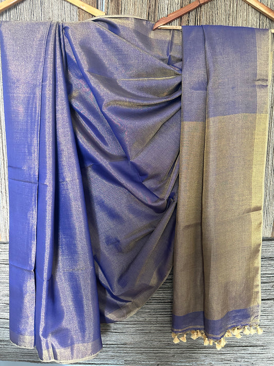 INK BLUE TISSUE LINEN ZARI SARI WITH WOVEN RED BORDER