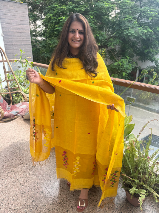 Mustard Yellow Jamdani Tissue Linen Handwoven kurta set