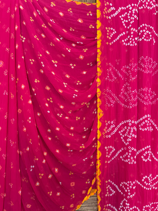 Ruby Pink Bandhani handcrafted  chiffon sari