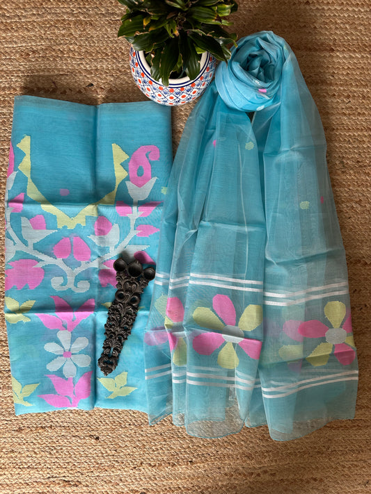 CYAN BLUE HANDWOVEN JAMDANI PURE MUSLIN SILK KURTA SET MJK-71
