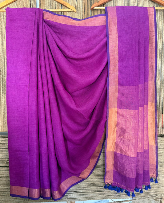 Purple linen cotton sari with woven border & tassels