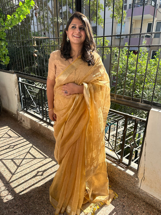 YELLOW   BANARASI ZARI CRUSHED TISSUE SARI